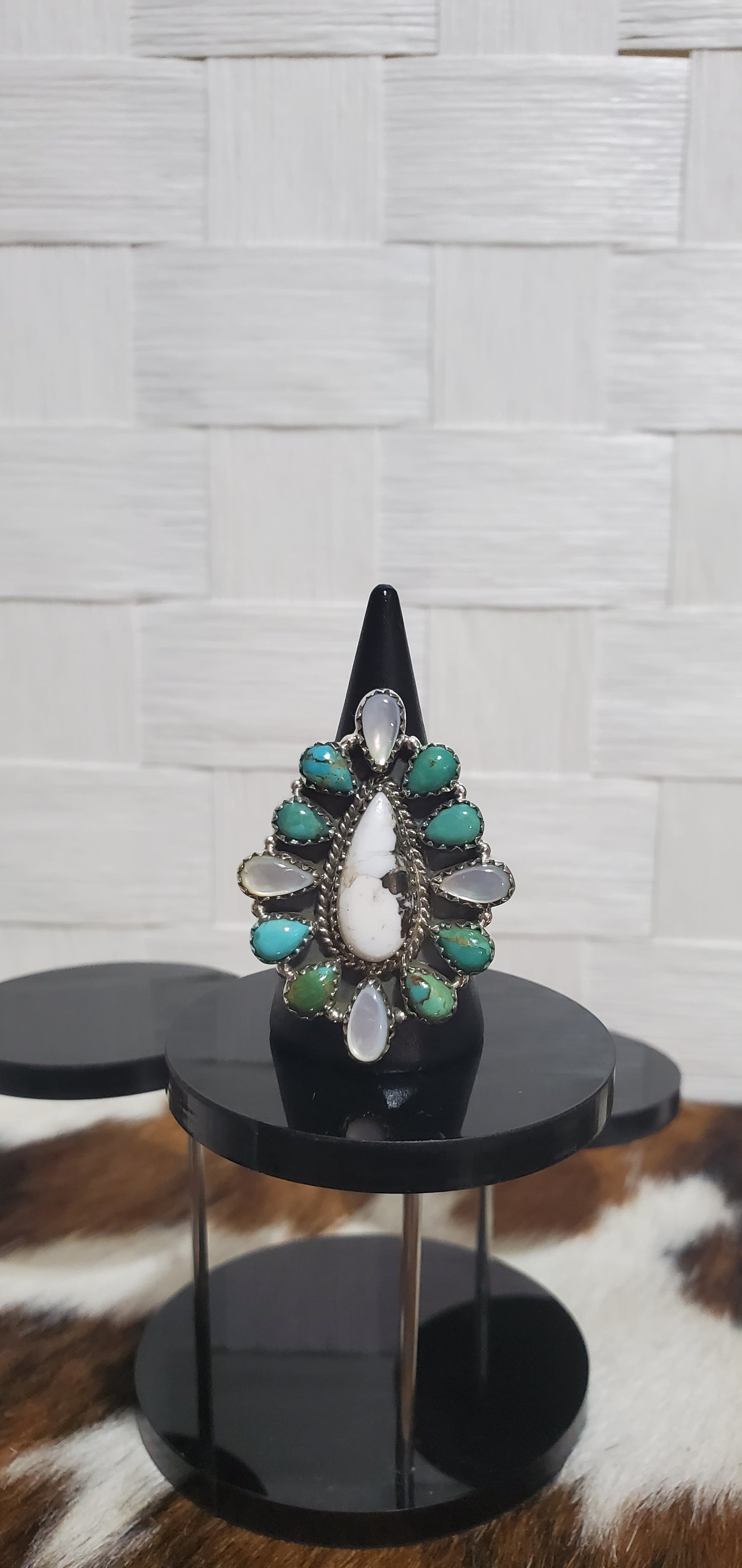 991 White Buffalo Turquoise and CZ Sz 8 Adjustable