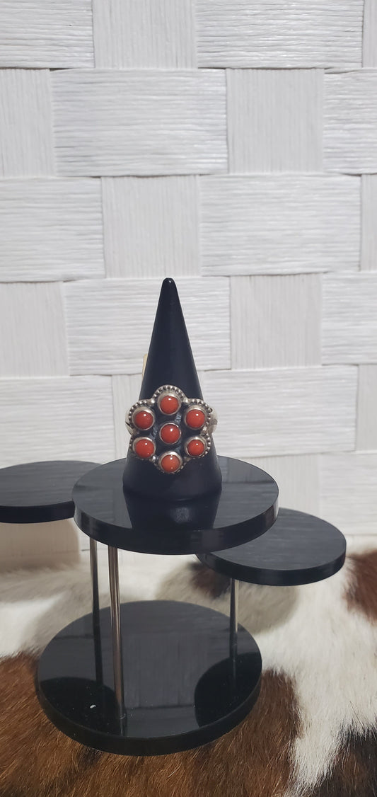 983 Native Artist Stamped Zia Red Coral Sz 10 Adjustable