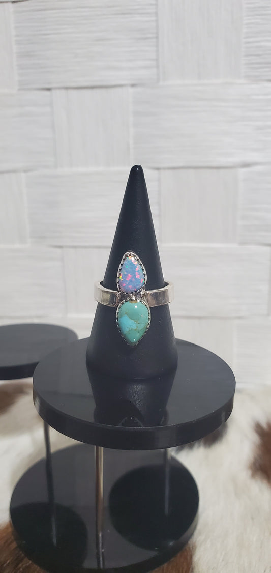 925 Turquoise and Aurora Opal Sz 8 Adjustable